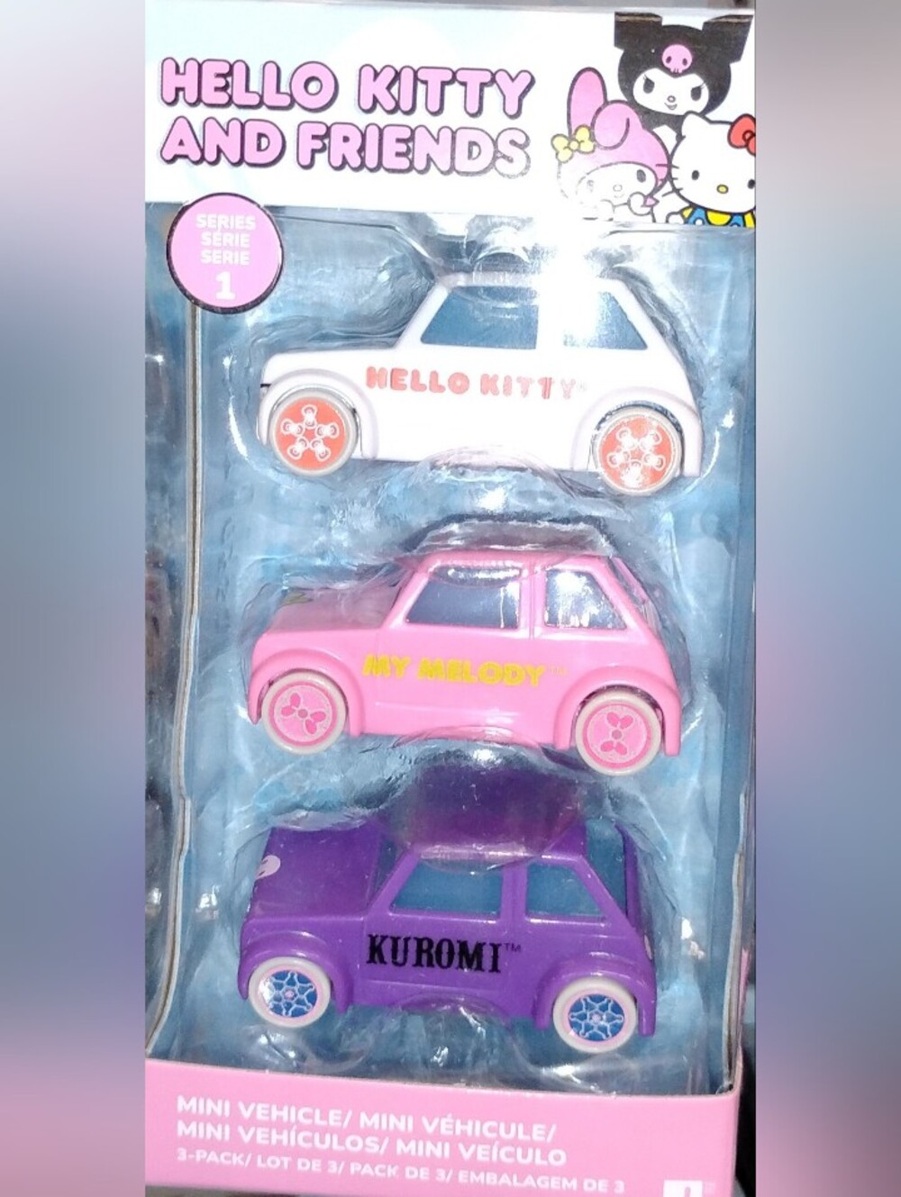 Sanrio Mini Car Trio - White Hello Kitty, Pink My Melody, Purple Kuromi